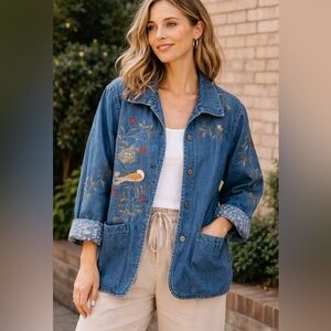 Vintage Tabi Embroidered Denim Jacket Floral Bird XL